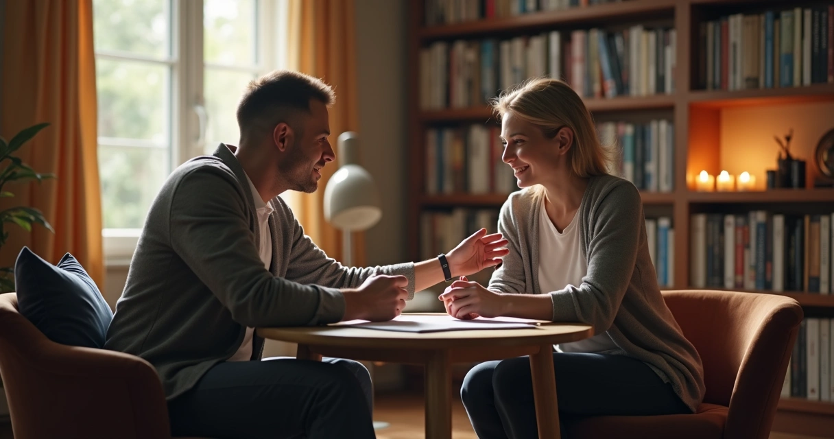 Dos personas conversando en una sala calmada, una reconfortando a la otra mientras revisan papeles.