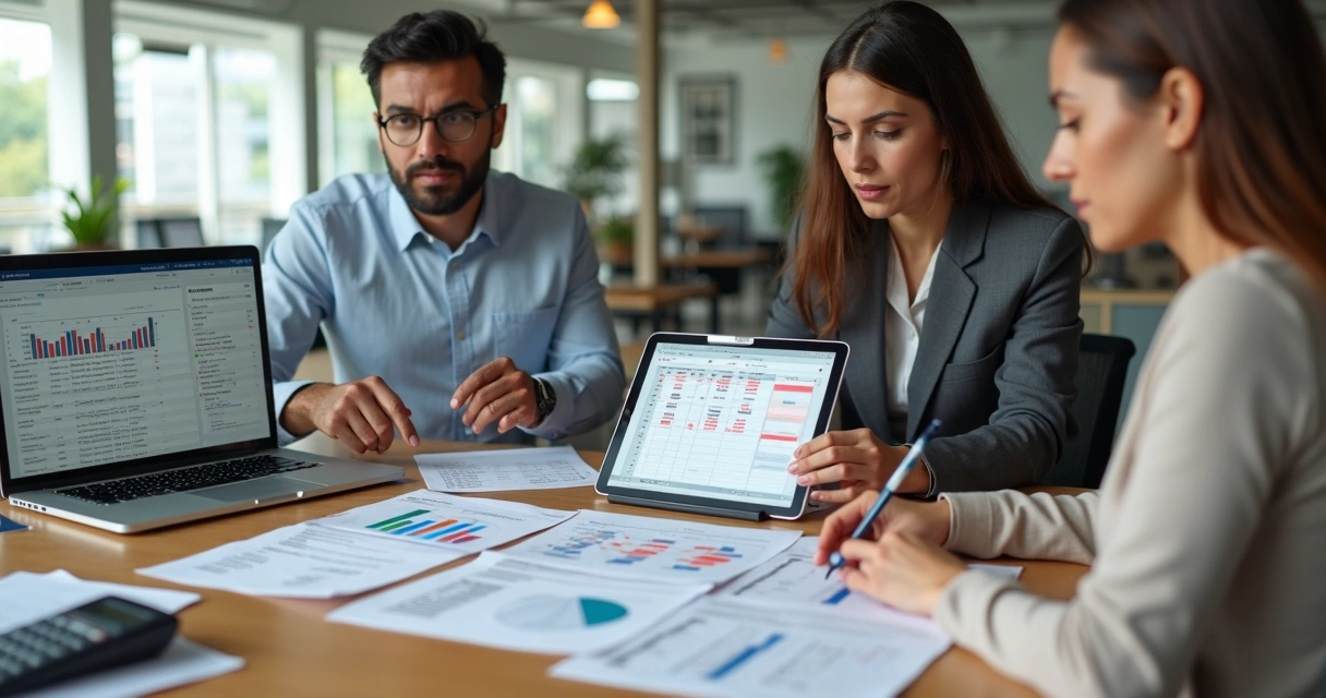 Equipo de recursos humanos revisando el cálculo del aguinaldo en una oficina moderna 