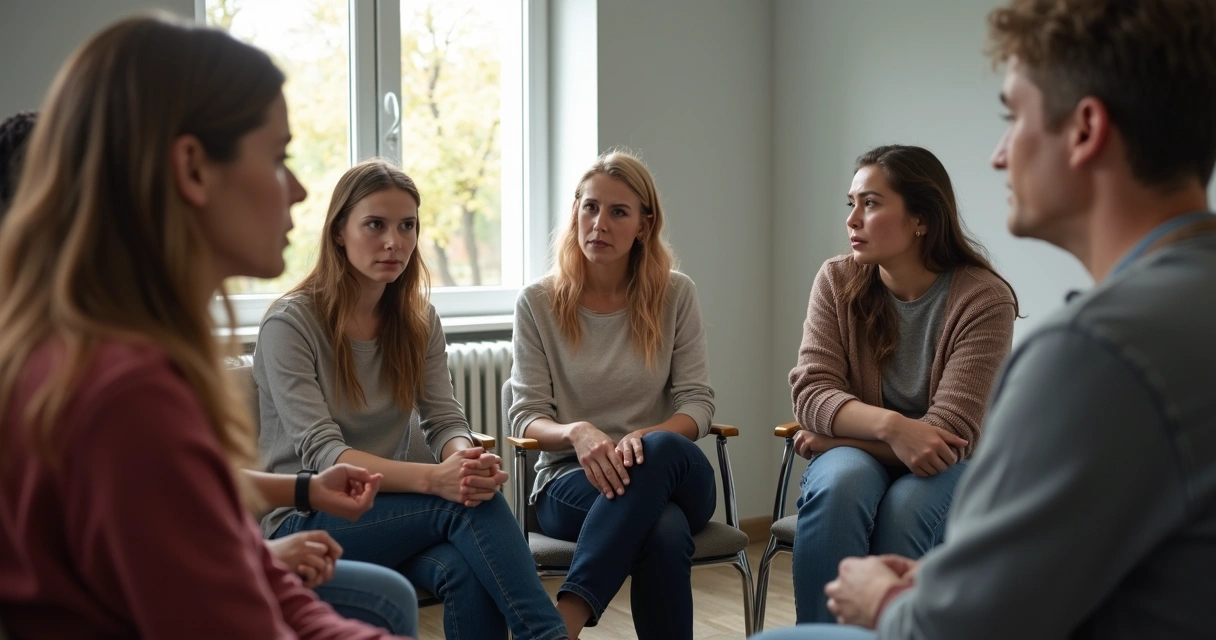 Personas conversando sentadas en círculo, una persona se muestra incómoda mientras los demás intentan ayudarla 
