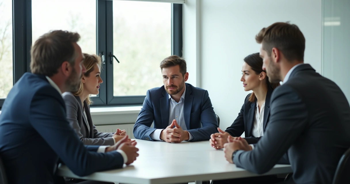 Personas en reunión de trabajo, una de ellas apartada del grupo