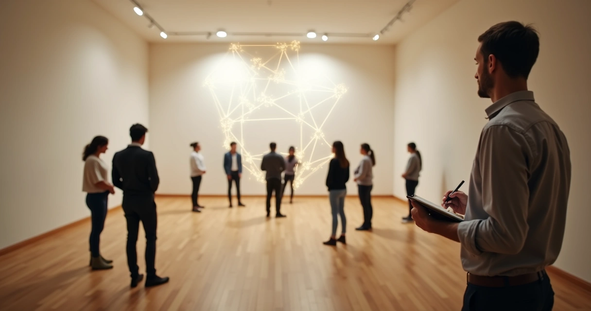 Facilitador observando un círculo de personas con líneas de conexión resaltando errores sistémicos 