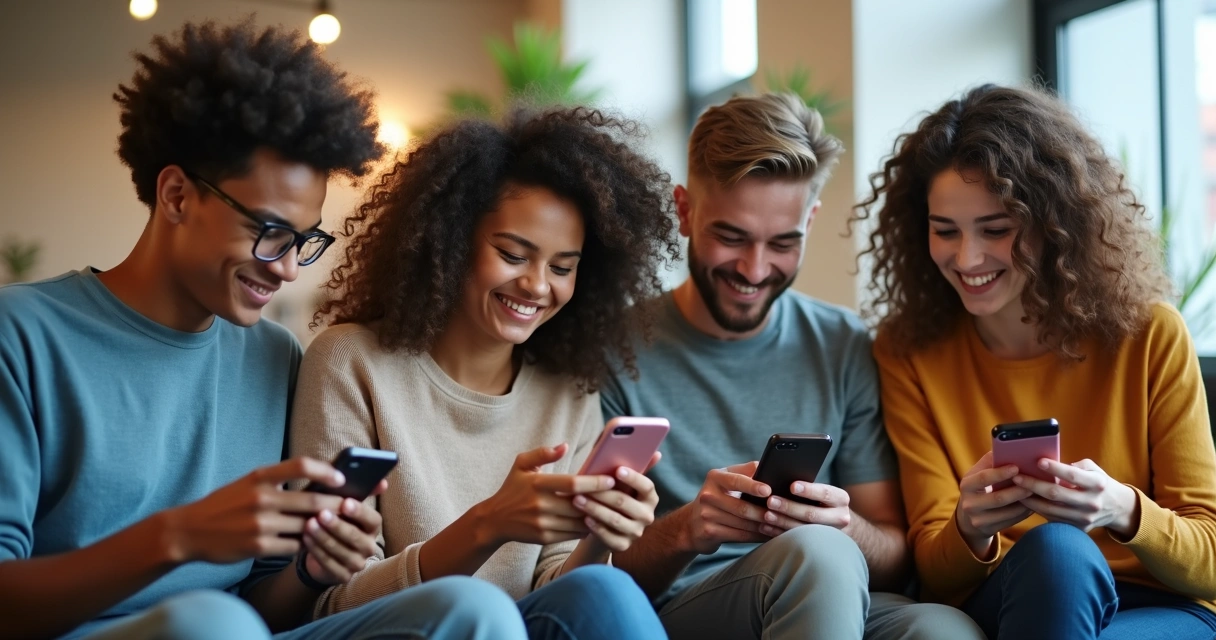 Personas mirando sus teléfonos en un chat grupal 