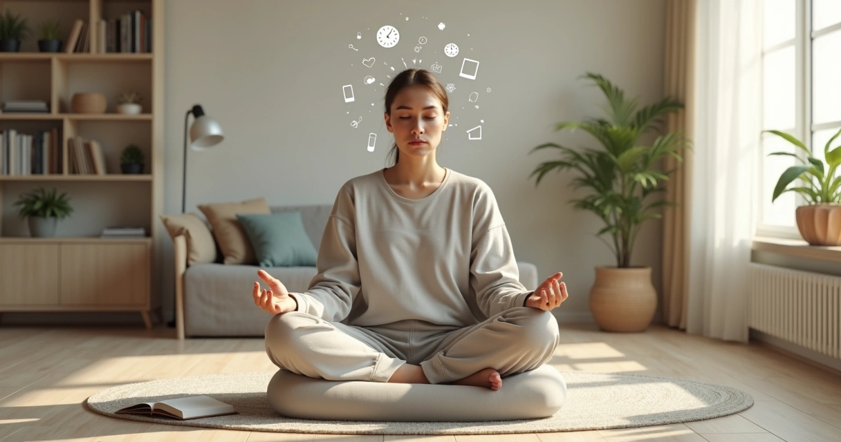 Persona con tres siluetas difuminadas sentada practicando mindfulness en un salón luminoso 