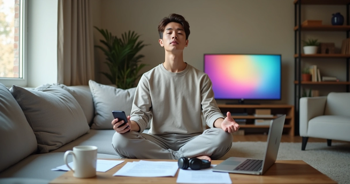 Persona intentando meditar en casa distraída por el móvil y el desorden 