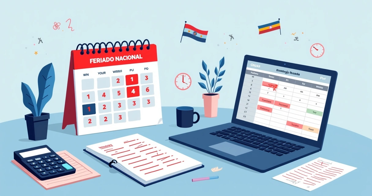 Ilustración de calendario feriado paraguayo con errores en planilla salarial digital 