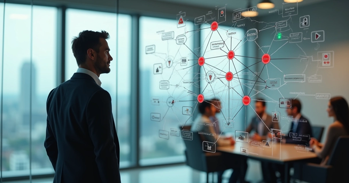 Lider empresarial observa un tablero con errores conectados en una red organizacional 