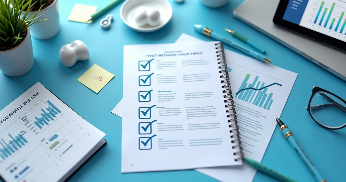 Lista de erros comuns em testes de campanhas odontológicas ao lado de gráficos 