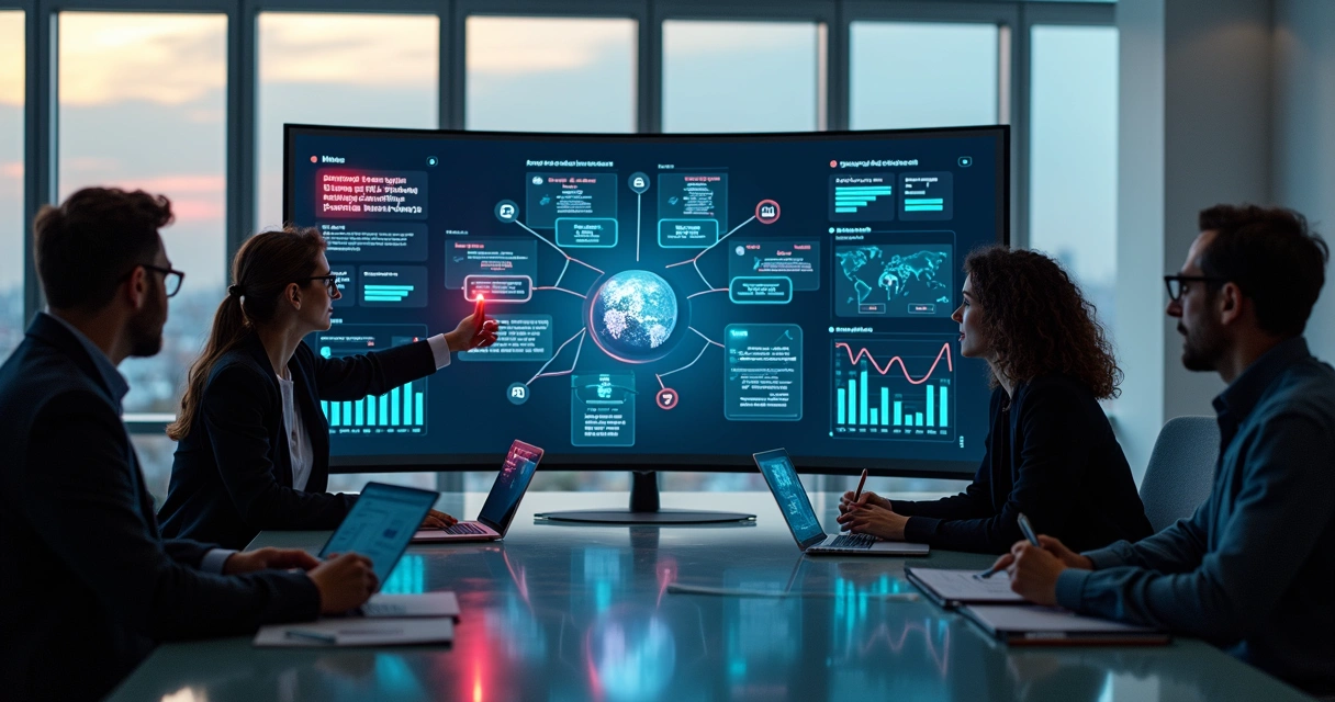 Gestores avaliando painel de agentes de IA com alertas de erro no desenvolvimento de produtos 