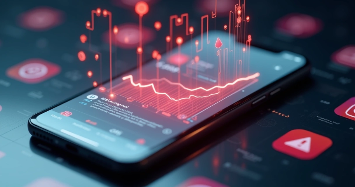 Tela de smartphone exibindo gráfico decrescente e ícones do Instagram com sinais de alerta 