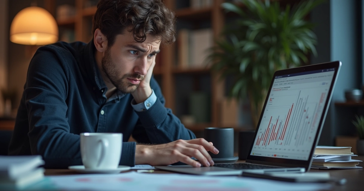 Pessoa frustrada ao analisar dados errados de mercado 