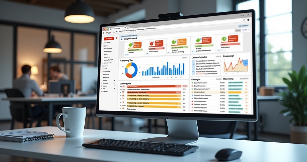 Tela de computador mostrando interface do Google Ads com alertas de erros em anúncios digitais
