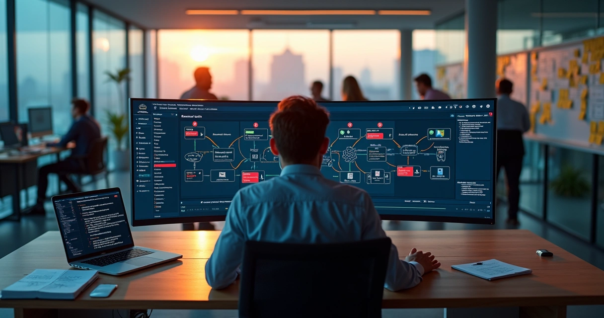 Profissional analisando painel digital com alertas de erro em integrações Open Finance 