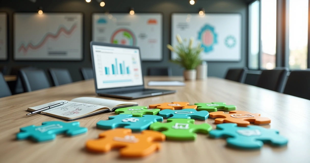 Mesa com peças de quebra-cabeça financeiras desalinhadas e gráficos digitais ao fundo 