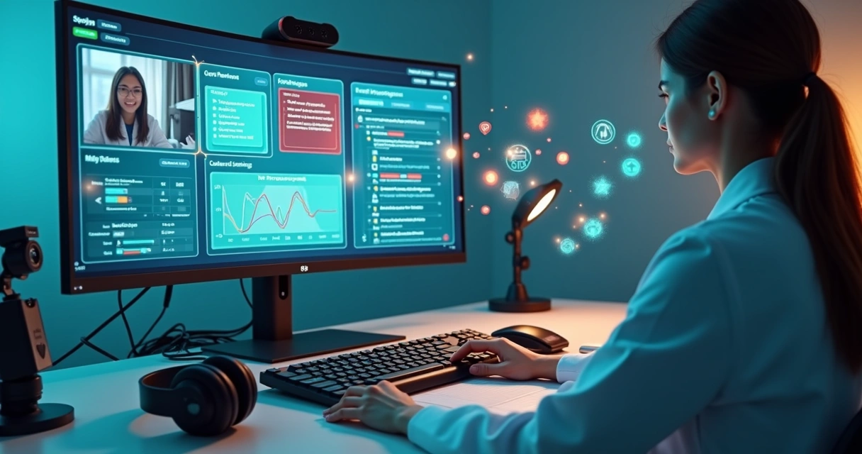 Médico em consultório moderno ajustando configuração de teleconsulta em tela cheia 