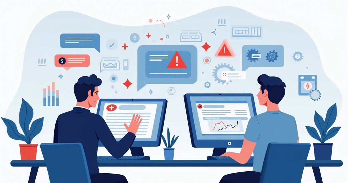 Ilustração corporativa mostrando erros comuns em automação de atendimento digital com gráficos, chatbots e operadores 