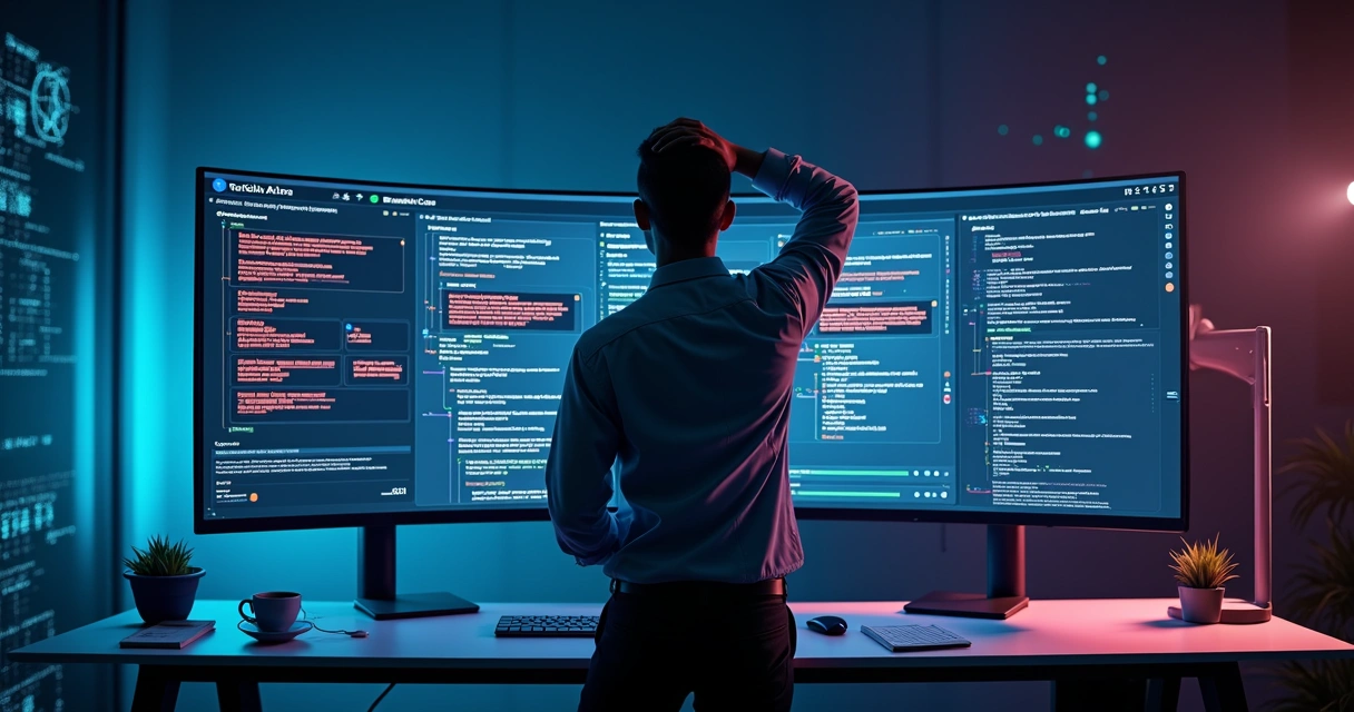 Gestor analisando painel com automação de IA fora de controle 