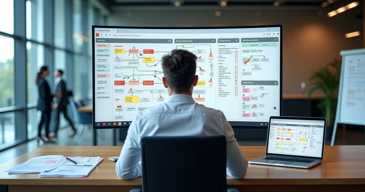 Gestor analisando painel de automação com alertas de erro em processos empresariais 