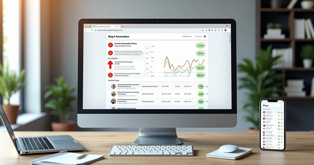 Tela de computador com blog automatizado mostrando erros e correções em destaque 