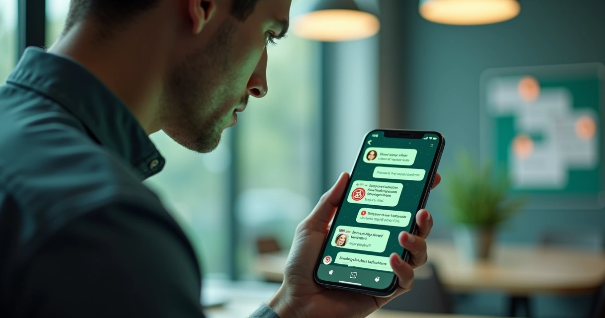 Pessoa preocupada olhando para smartphone com várias mensagens não respondidas no WhatsApp, tela mostrando ícones de bots e notificações de alerta 