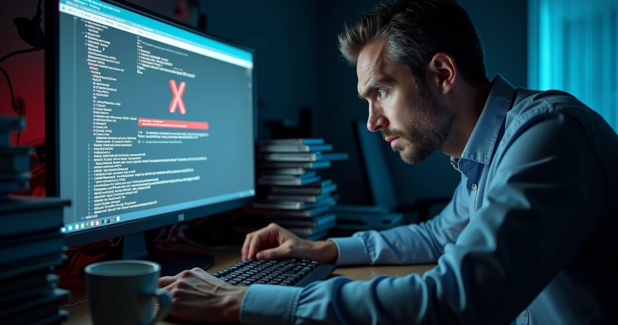 Profissional analisando falha em backup em tela de computador 