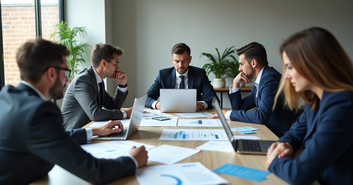 Reunião de profissionais de BPO financeiro discutindo documentos com expressões sérias e mesa com gráficos e laptops 