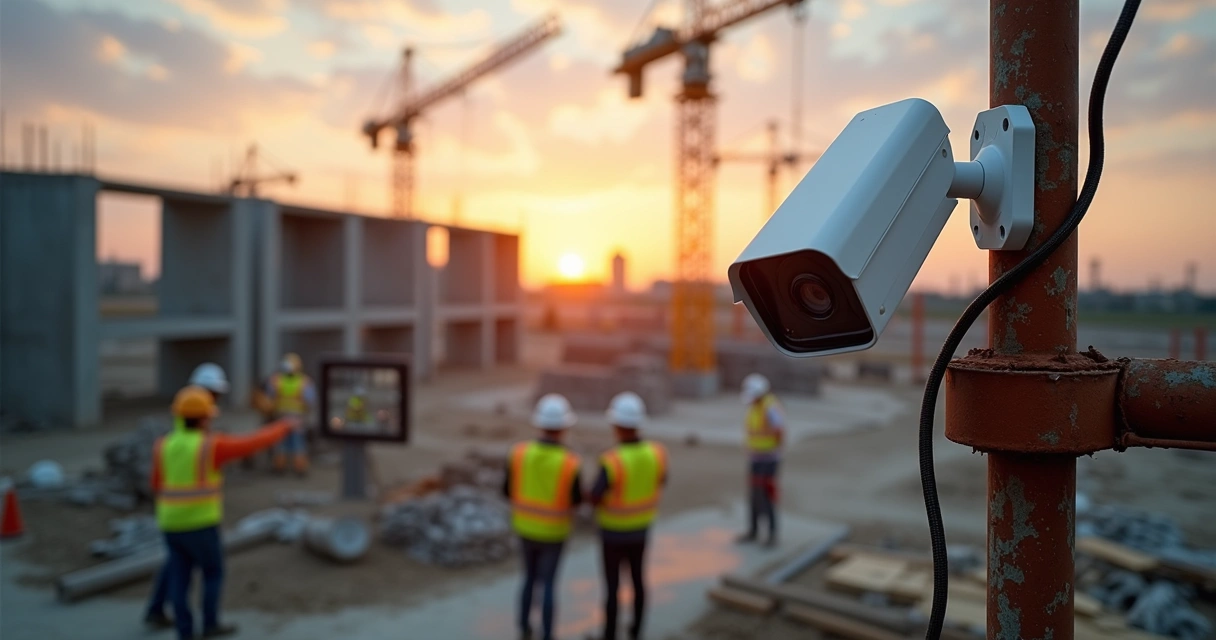 Equipe analisando câmera PTZ mal posicionada no canteiro de obras 