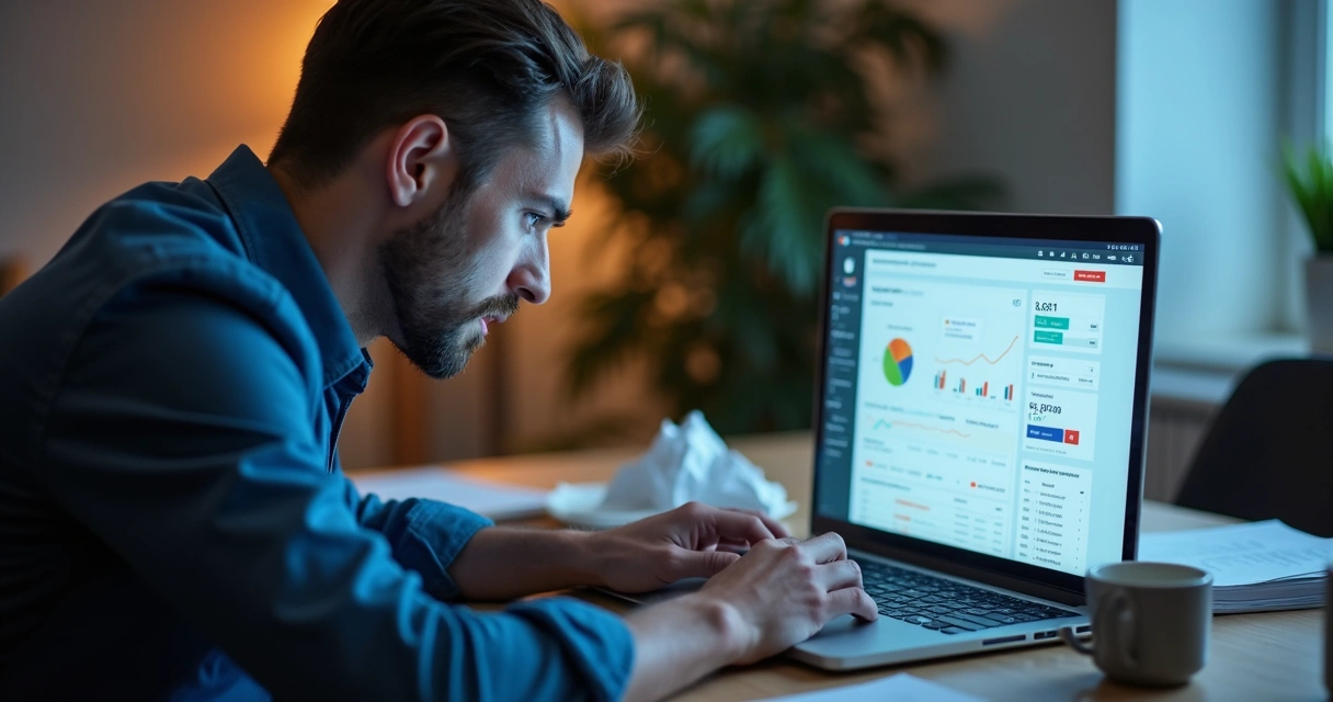 Empresário frustrado analisando erros em campanhas pagas 