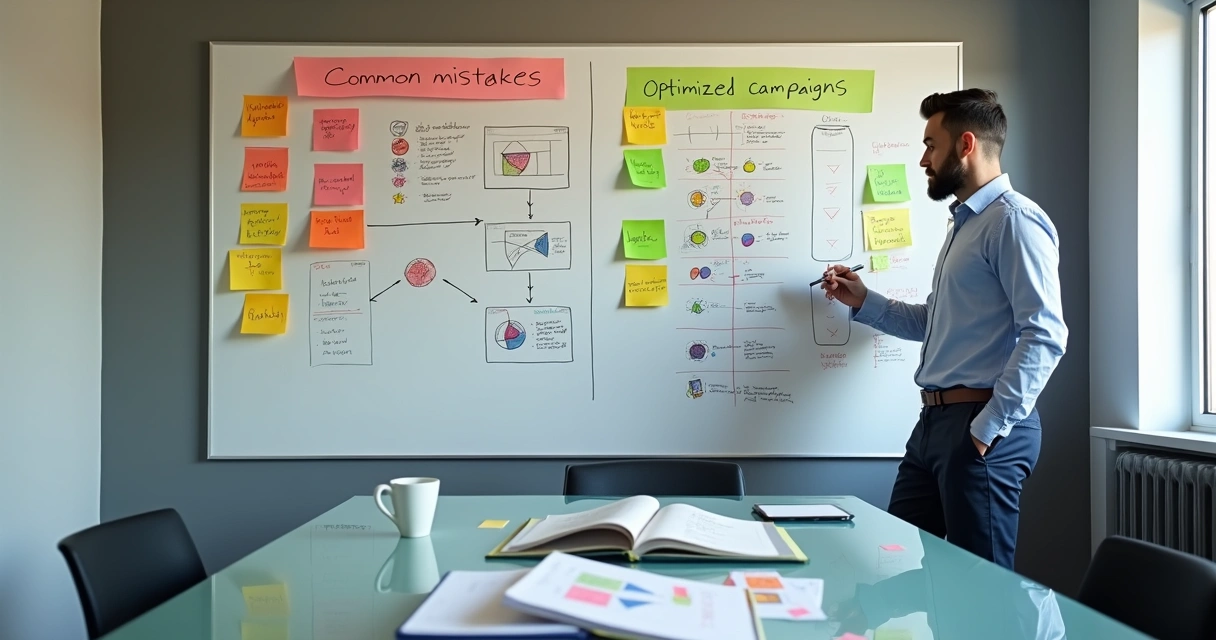 Profissional marcando erros e acertos em quadro de campanhas segmentadas 