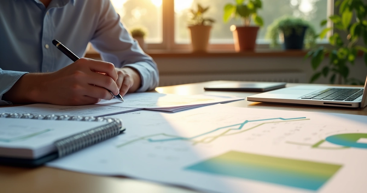 Pessoa revisando contratos e documentos sobre mesa com gráficos e calendário à vista 