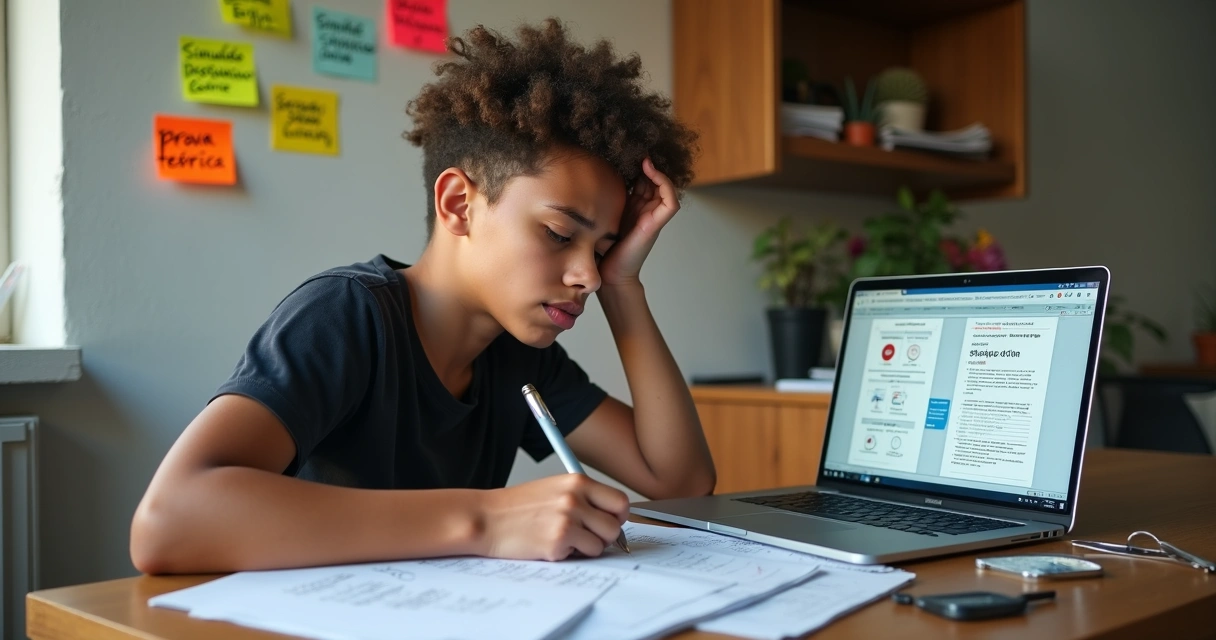 Jovem estudando para prova teórica da CNH em casa com expressão de dúvida diante de papéis e computador 