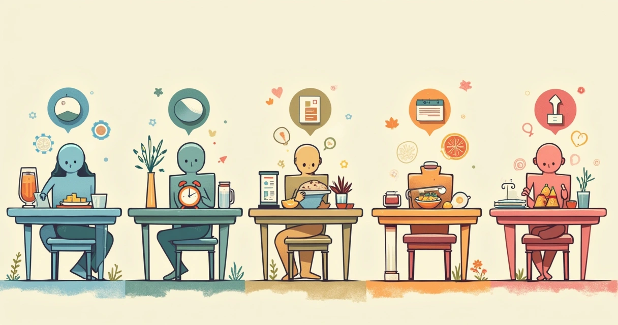 Ilustração detalhada de erros comuns na alimentação para emagrecer, com diversos alimentos e avisos.