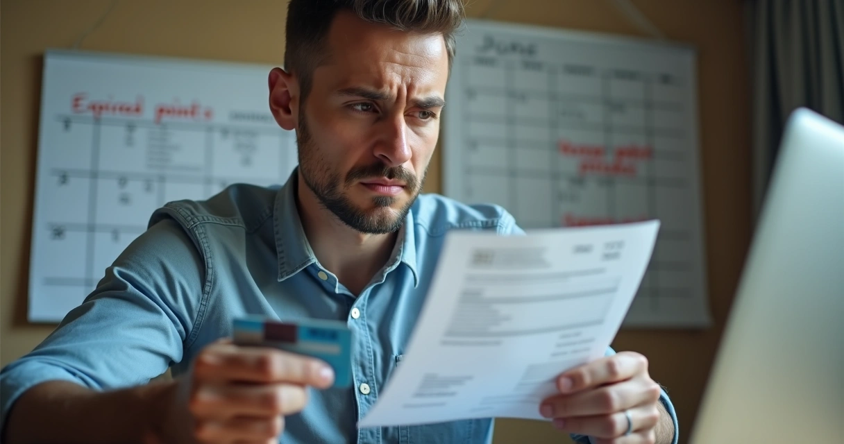 Pessoa frustrada olhando extrato de cartão e calendário mostrando pontos vencidos 