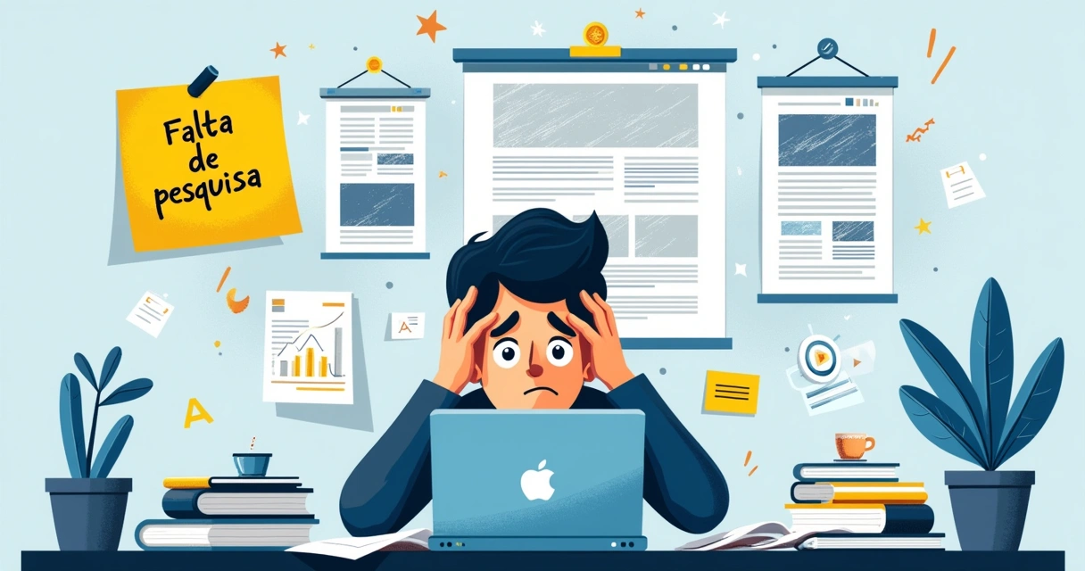 Ilustração de um designer frustrado em um escritório desorganizado, com erros comuns de design de websites.