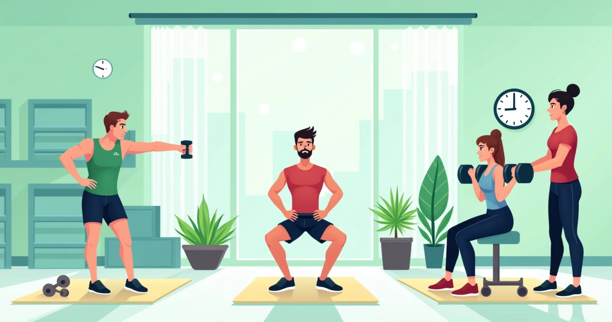 Ilustração de uma cena de exercícios funcionais em uma academia, destacando a postura correta e o aquecimento.