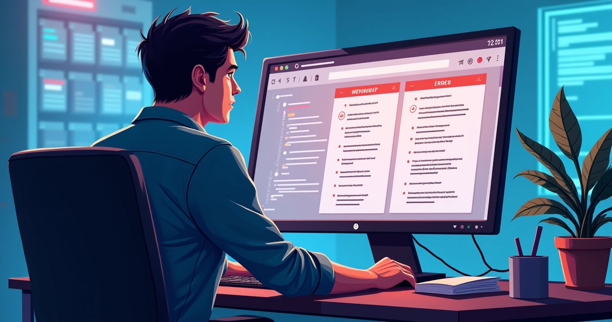 Cena ilustrando erros comuns ao integrar uma API de NFS-e, com sinais de alerta e documentação em destaque 