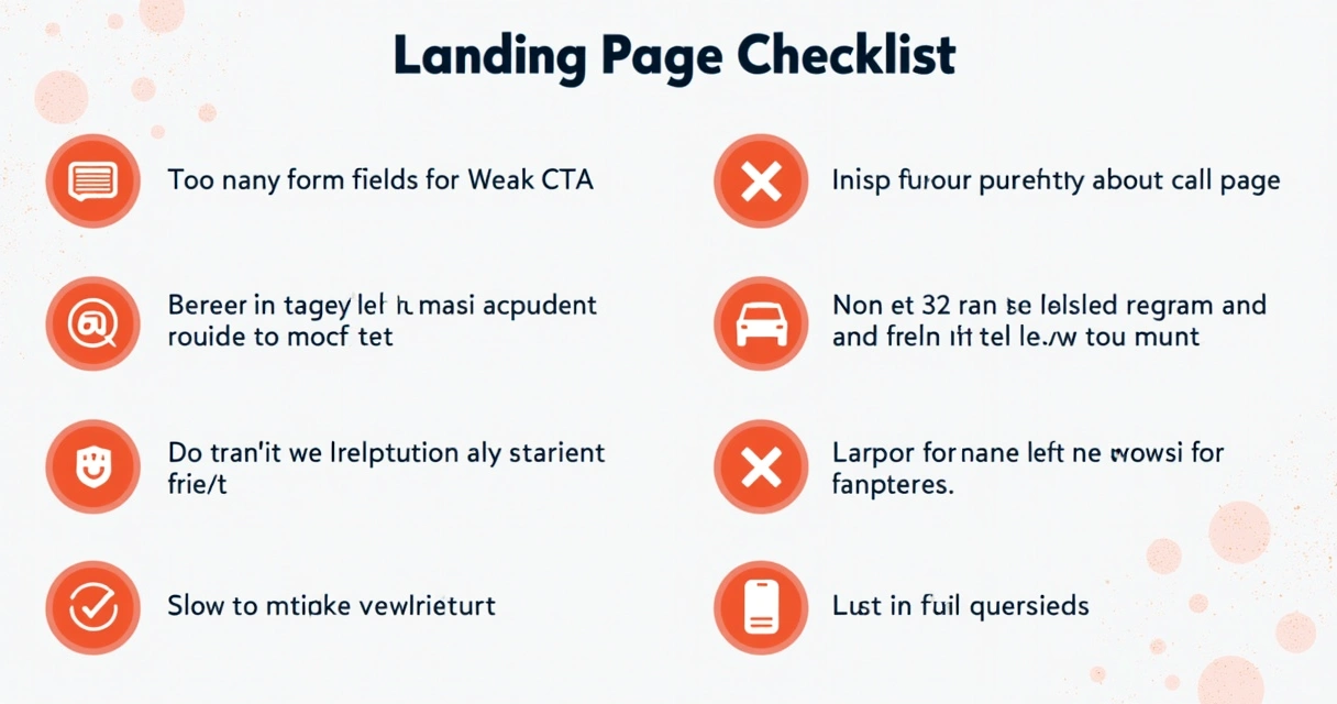 Checklist mostrando erros frequentes em landing pages com marcações visuais. 