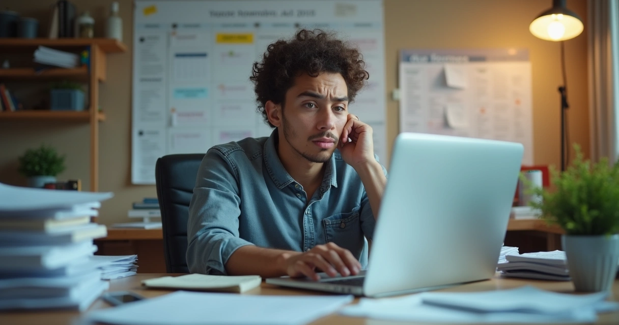 Empreendedor confuso diante de papéis e computador com prazos 