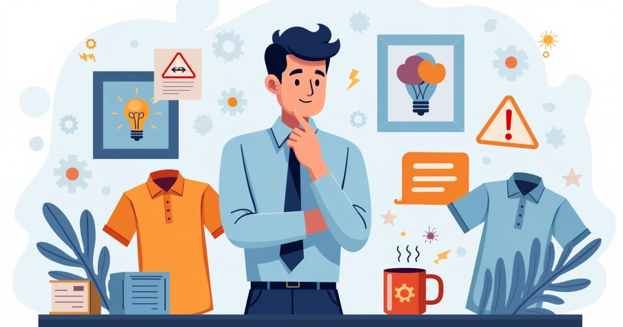 Ilustração corporativa flat mostrando empresário diante de produtos personalizados com sinais de alerta sobre erros comuns no negócio 