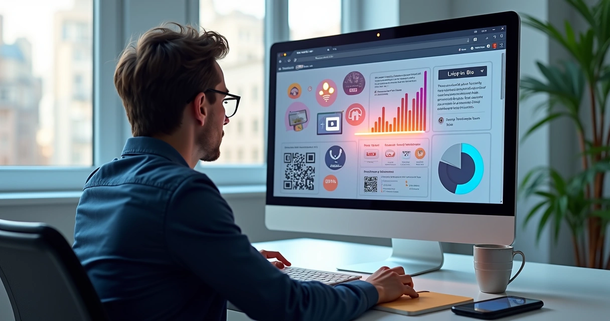 Pessoa analisando uma tela de computador com erros destacados na página de link na bio, com gráficos coloridos e ícones de links e redes sociais ao redor 