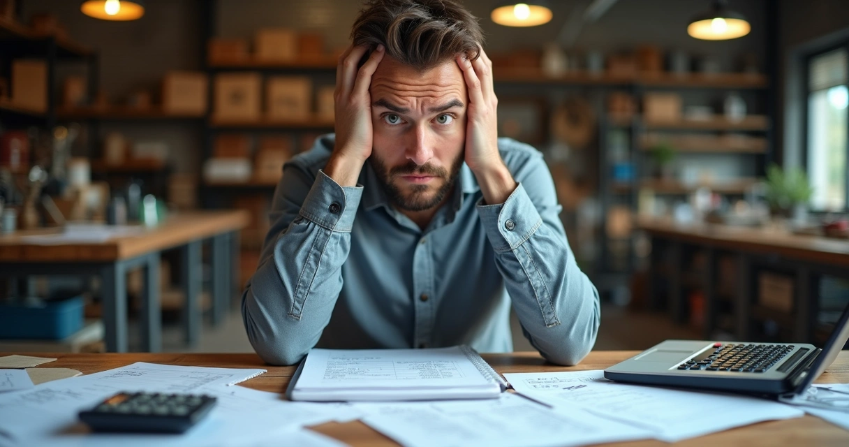 Empreendedor confuso diante de calculadora e notas ao formar preço 