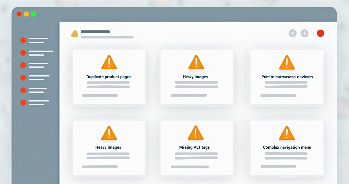 Listagem de erros clássicos de SEO em tela de ecommerce com avisos de alerta 