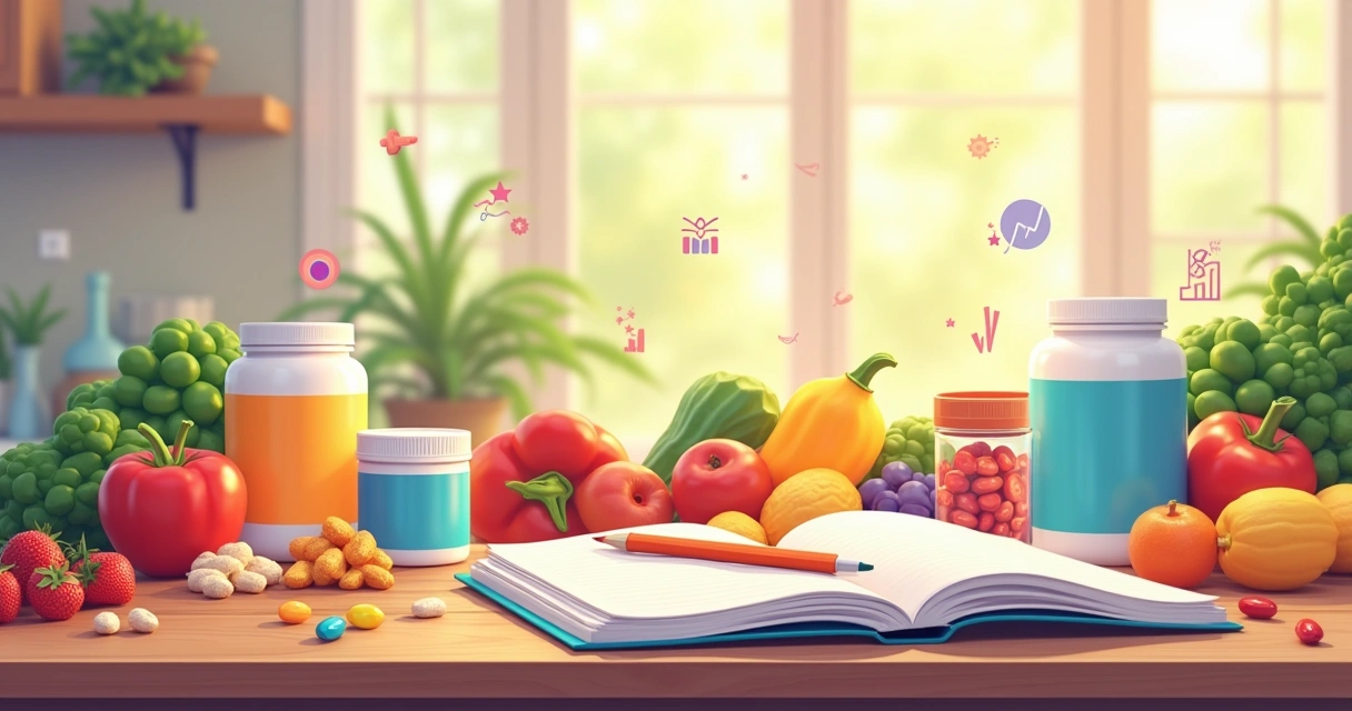 Cena de cozinha colorida com suplementos nutricionais, frutas, e um caderno para anotar progresso.