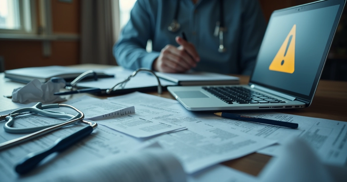 Erros fiscais médicos com papéis amassados na mesa 