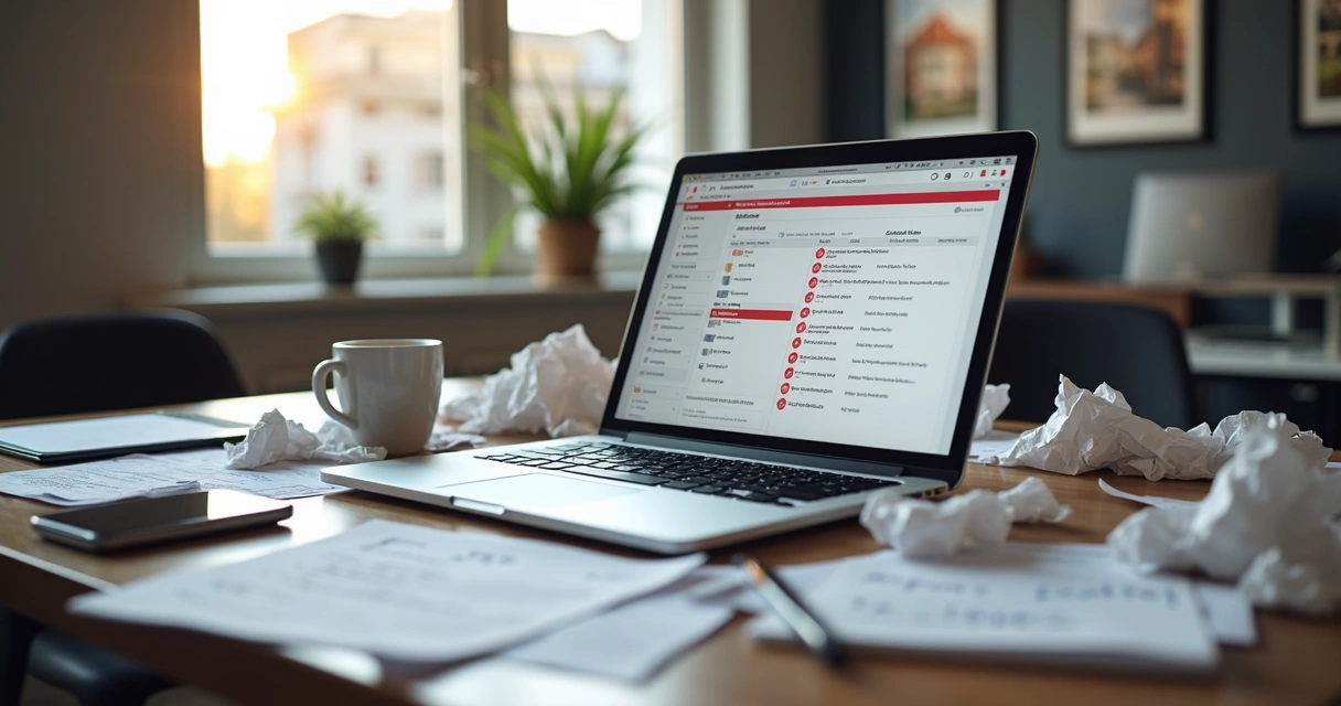 Mesa de escritório com computador aberto exibindo tela de CRM imobiliário, vários papéis com anotações desorganizadas e uma xícara de café derramando sobre documentos 