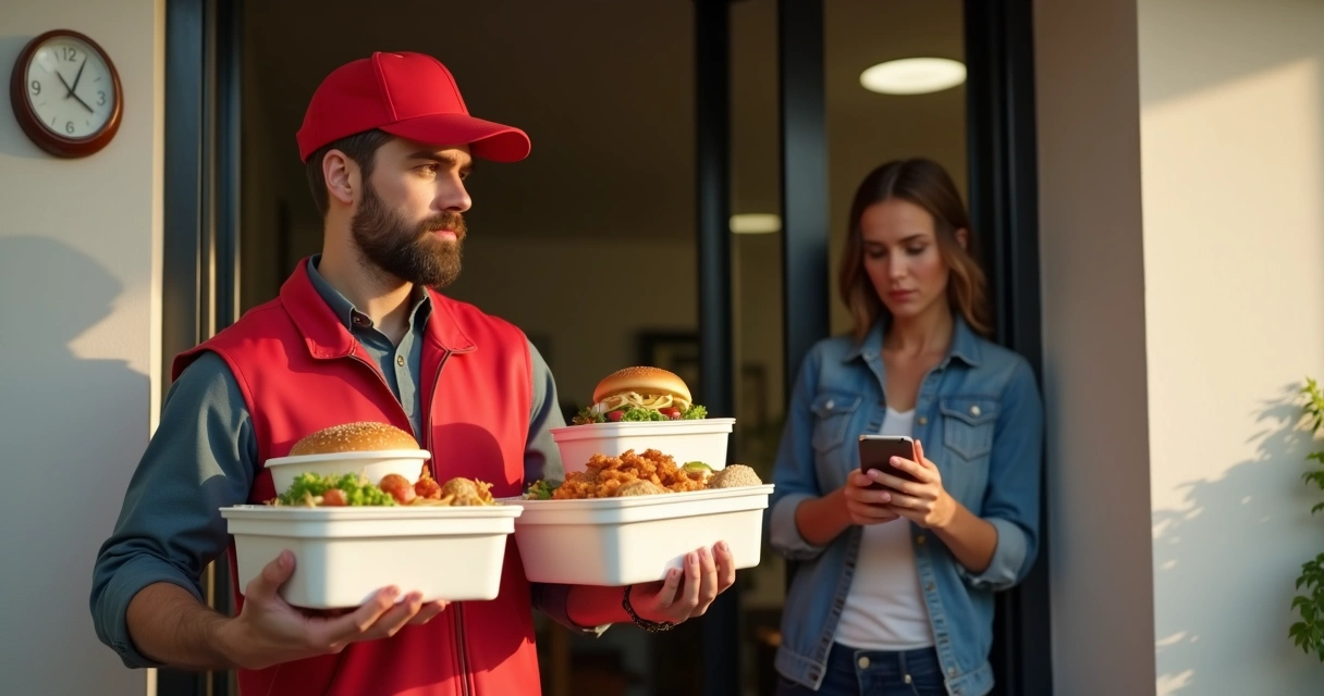 Entrega de comida com falhas, entrega atrasada e cliente insatisfeito segurando celular mostrando aplicativo de delivery 