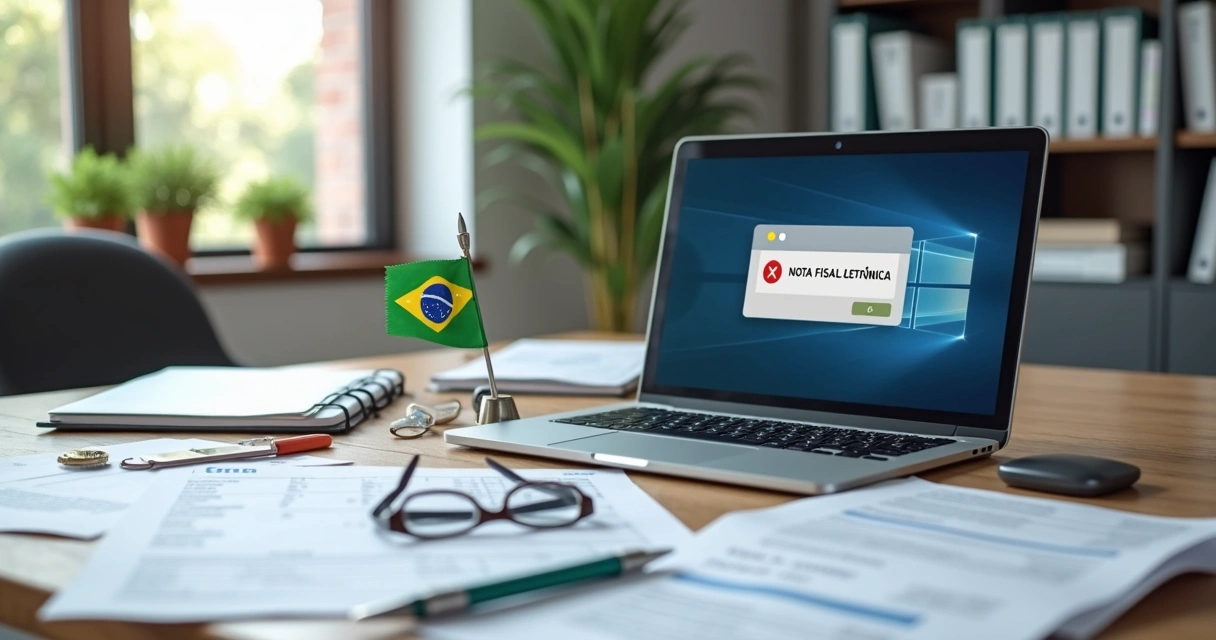 Computador exibindo erro na emissão de Nota Fiscal Eletrônica com documentos fiscais ao redor 