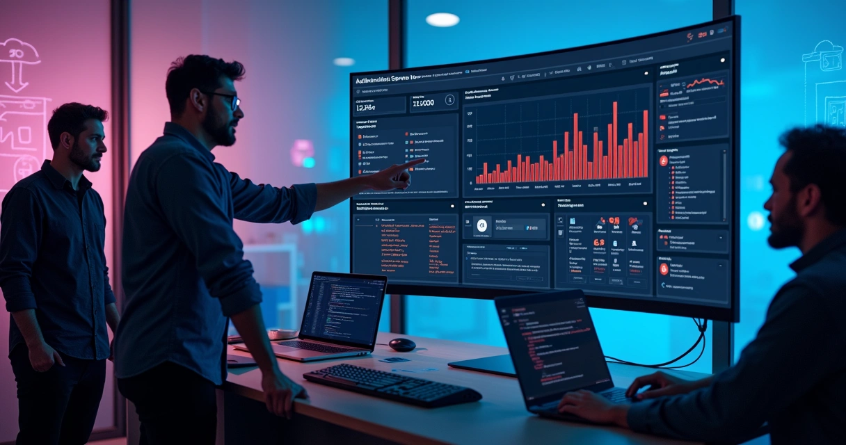 Equipe analisando infraestrutura de software com gargalos de escalabilidade em painel de dados 