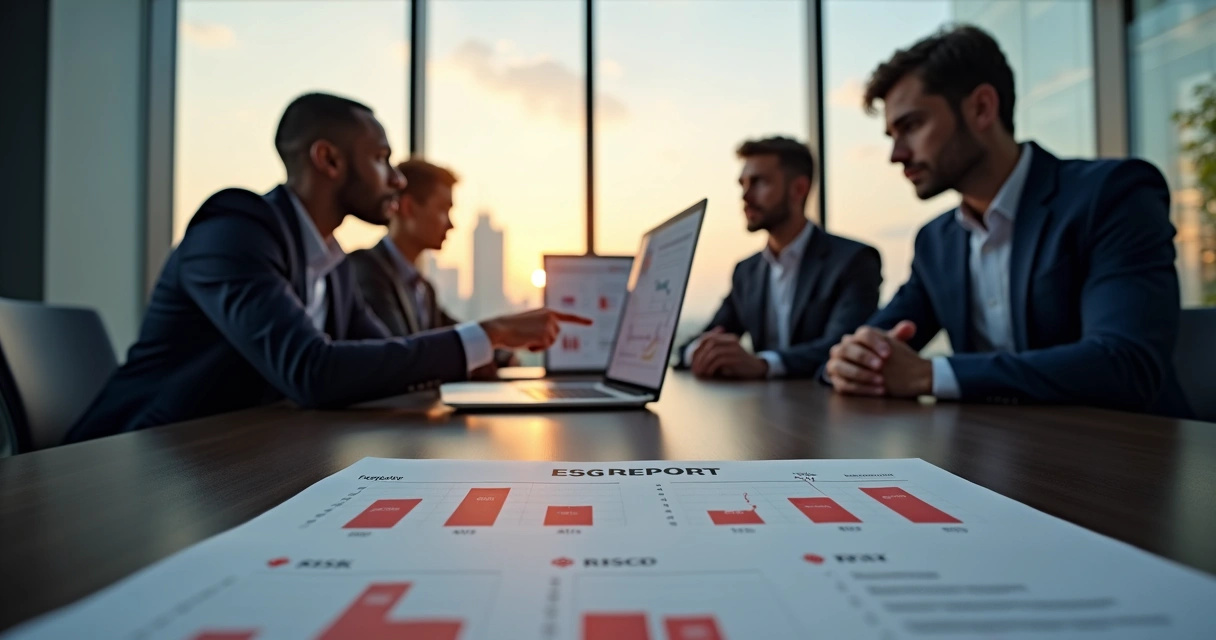 Executivos analisam relatório ESG com gráficos negativos em sala de reunião corporativa 