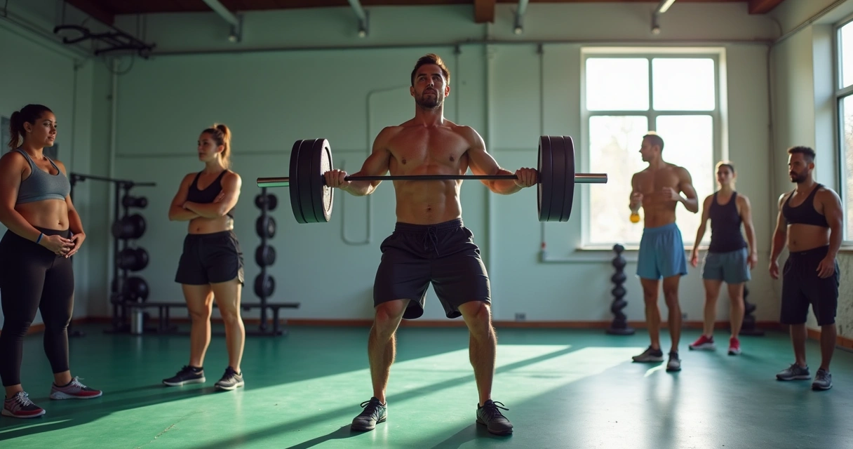 Homem levantando pesos com postura errada em academia, instrutor observa, pessoas se aquecendo e variando exercícios.