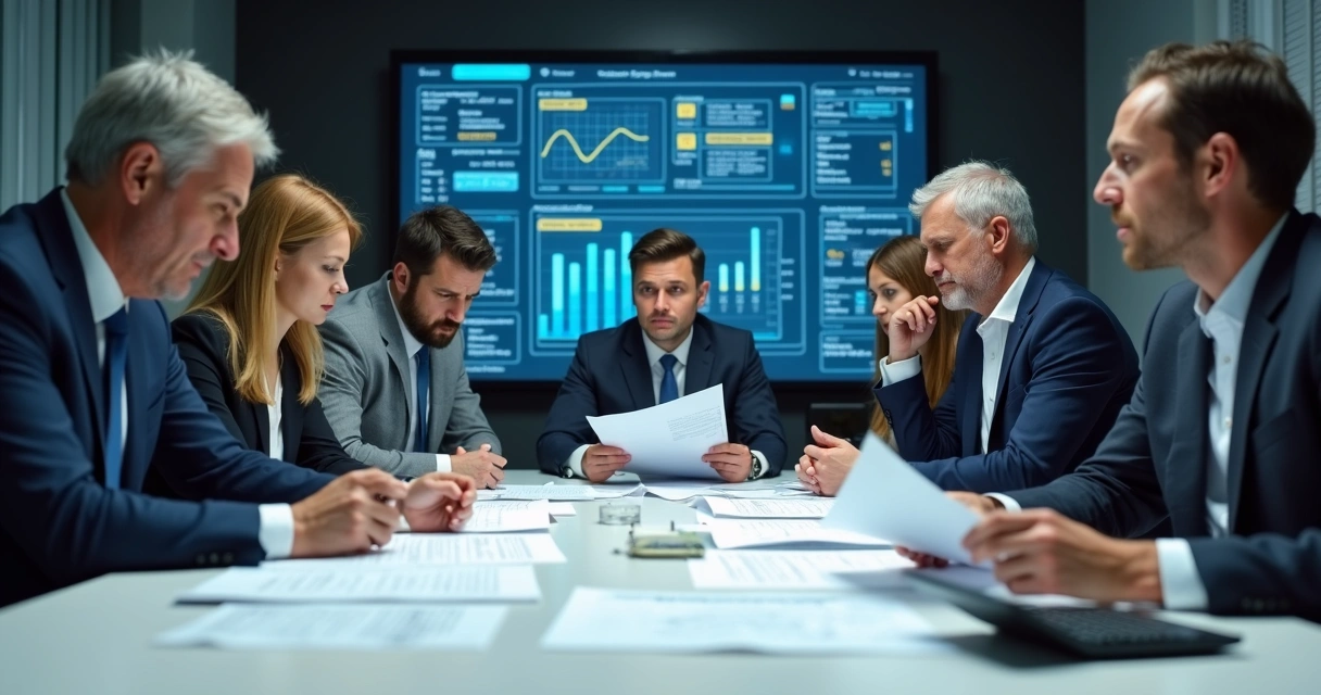 Equipe de finanças analisando planilhas com rosto de preocupação enquanto um software automatizado indica soluções.